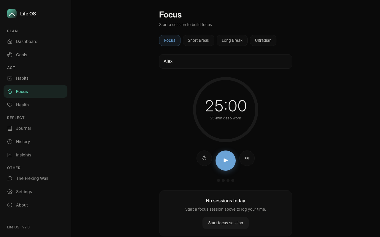 LifeOS focus session screen