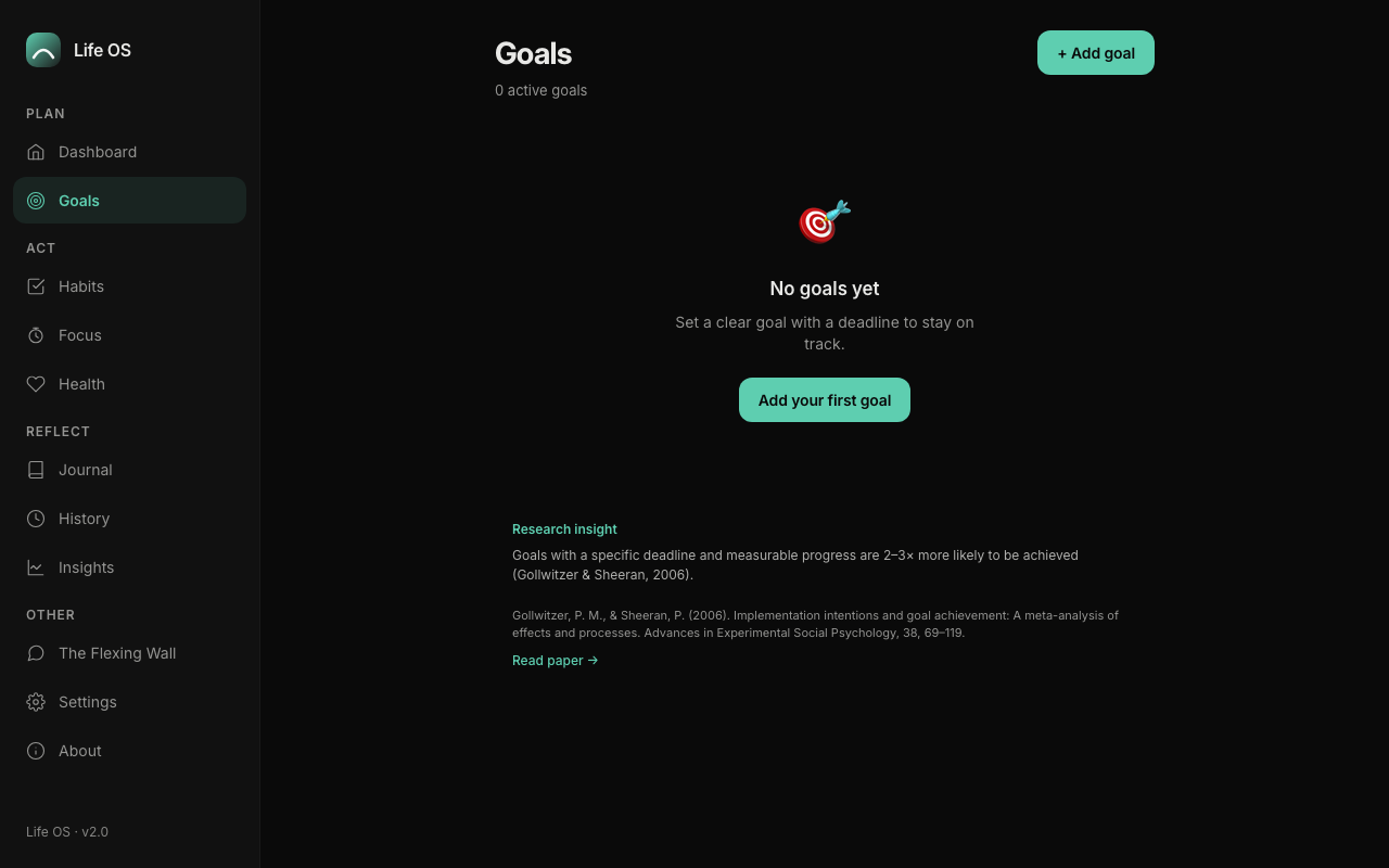 LifeOS goals tracking screen