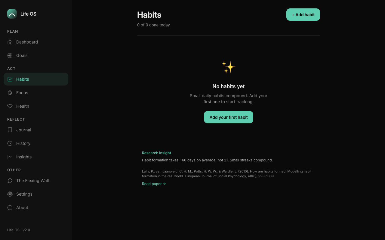 LifeOS habits tracking screen